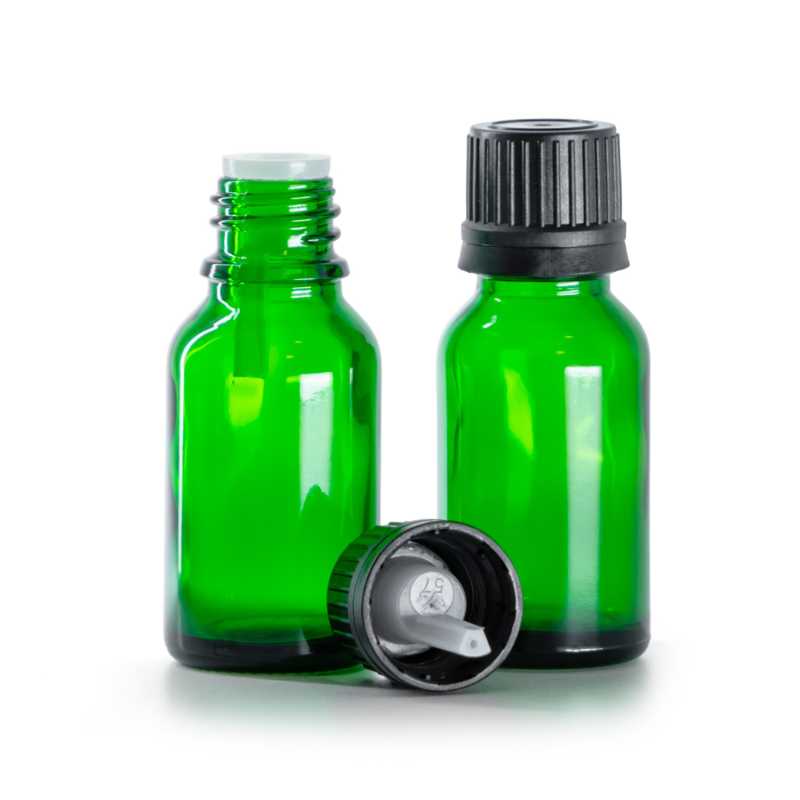 Flacone di vetro verde, tappo nero con contagocce, 15 ml