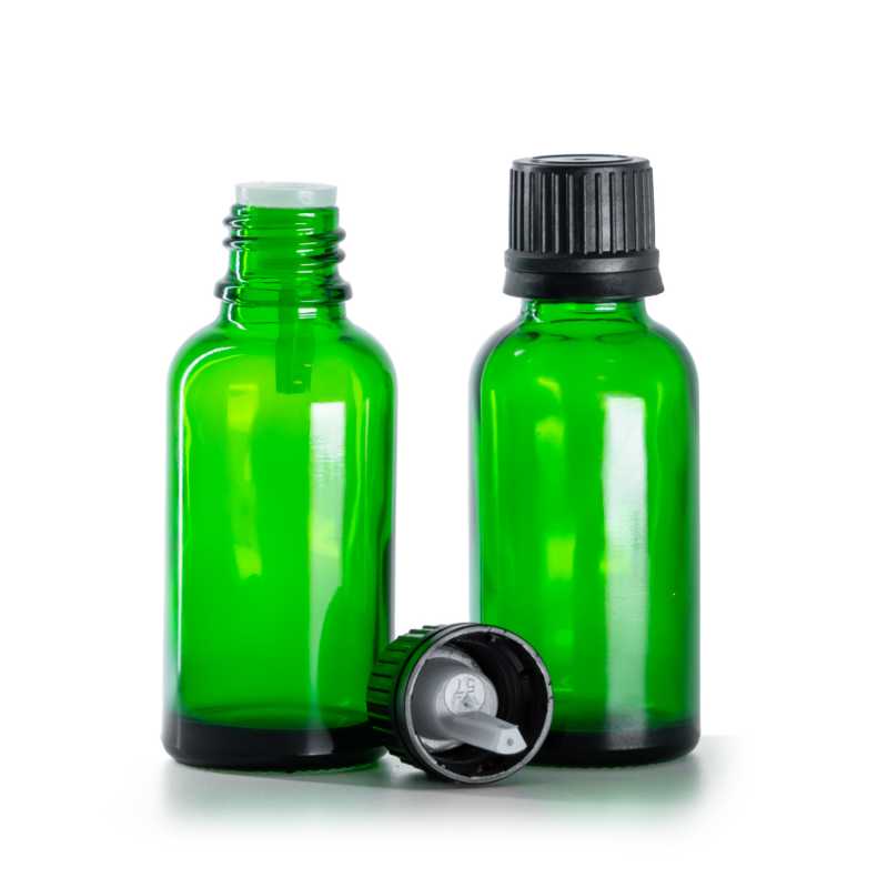 Flaconcino di vetro verde, tappo nero con contagocce, 30 ml