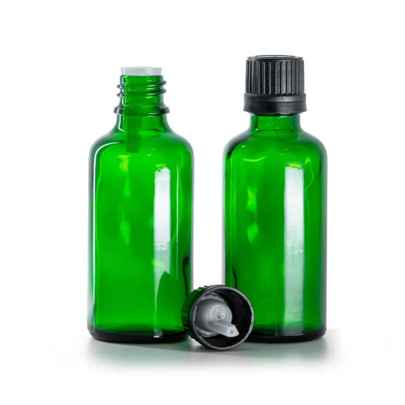 Flacone di vetro verde, tappo nero con contagocce, 50 ml