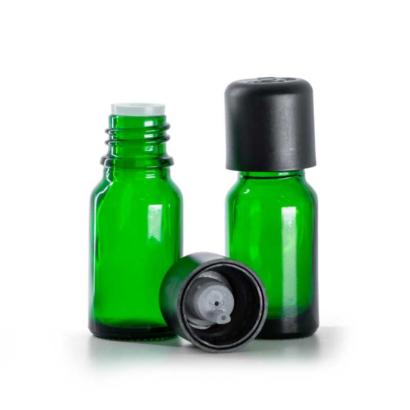 Flacone in vetro, verde, tappo di sicurezza antimanomissione nero con contagocce, 10 ml