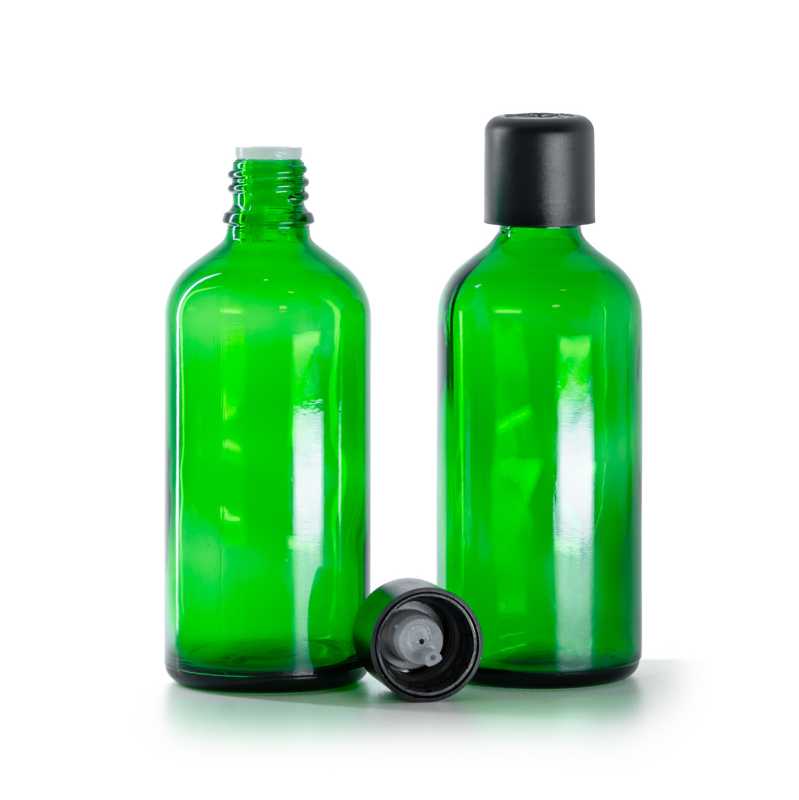 Bottiglia in vetro, verde, tappo di sicurezza antimanomissione nero con contagocce, 100 ml