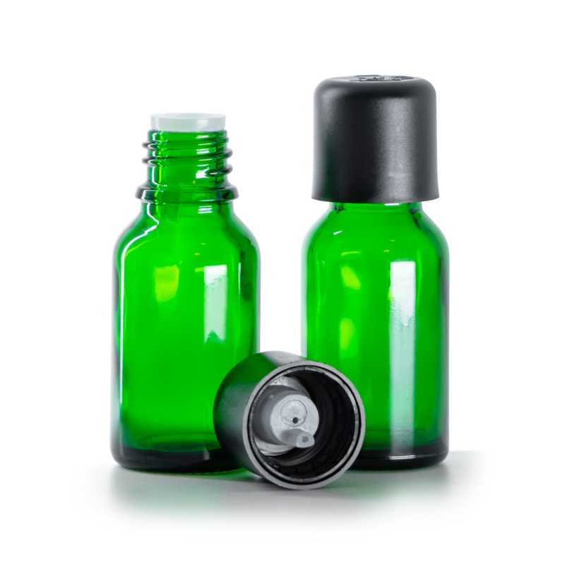 Flacone in vetro, verde, tappo di sicurezza nero con contagocce, 15 ml