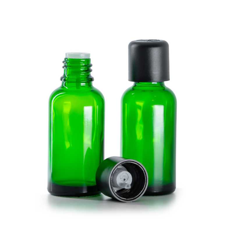Bottiglia in vetro, verde, tappo di sicurezza nero con contagocce, 30 ml