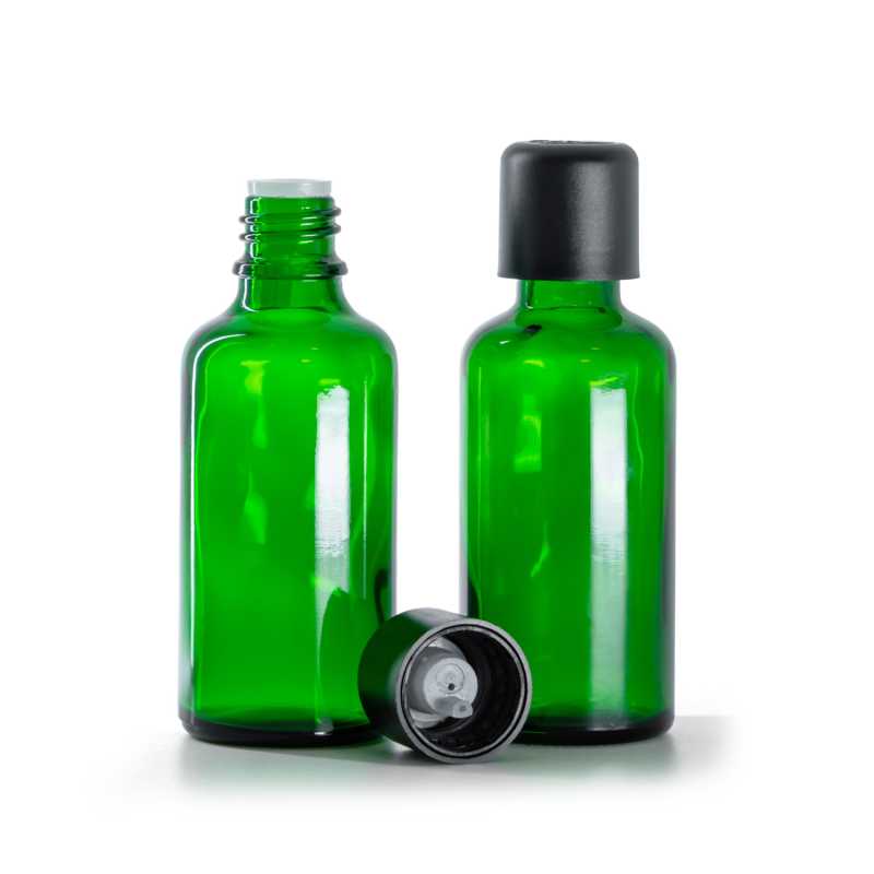 Flacone in vetro, verde, tappo di sicurezza antimanomissione nero con contagocce, 50 ml