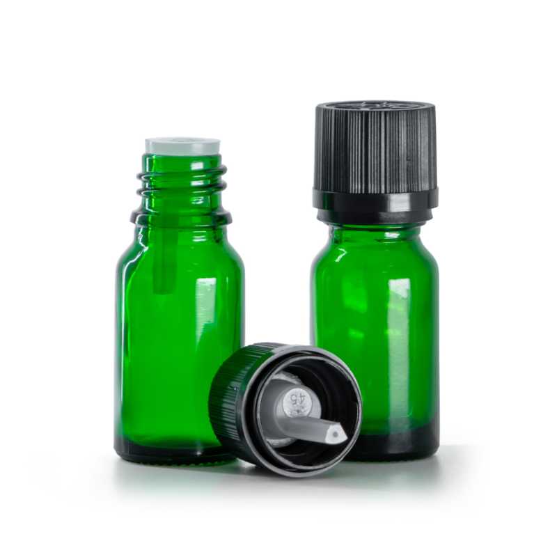 Bottiglia in vetro, verde, tappo di sicurezza nero con contagocce, 10 ml