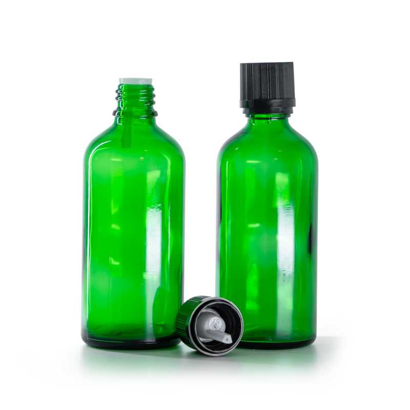 Flacone in vetro, verde, tappo di sicurezza nero con contagocce, 100 ml