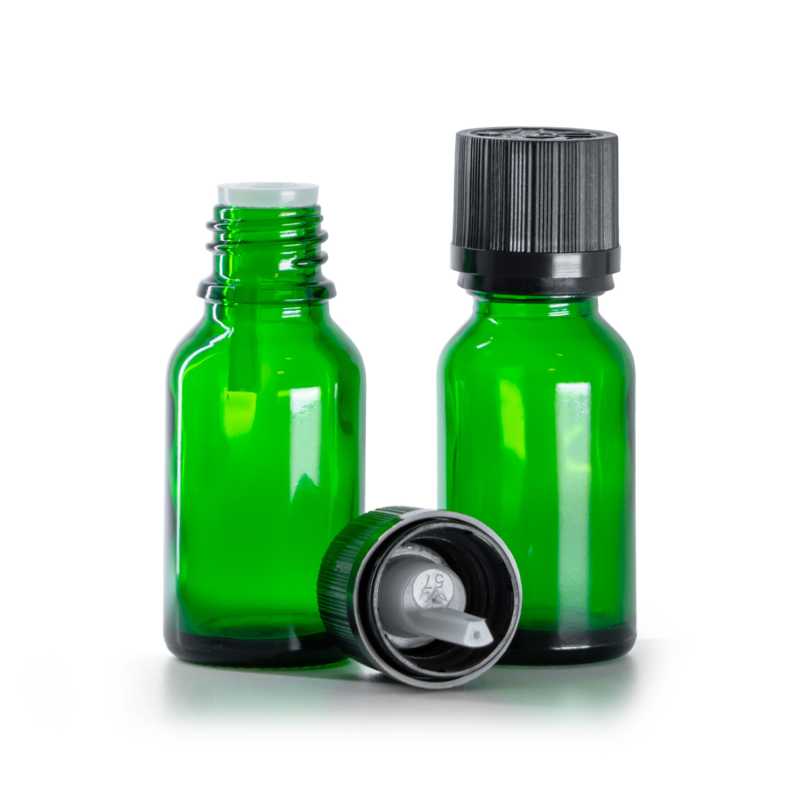 Bottiglia in vetro, verde, tappo di sicurezza nero con contagocce, 15 ml