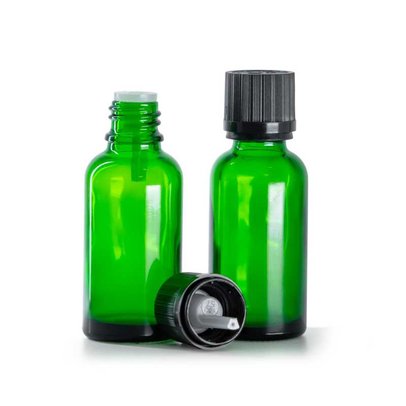 Flacone in vetro, contagocce nero con tappo di sicurezza, verde, 30 ml