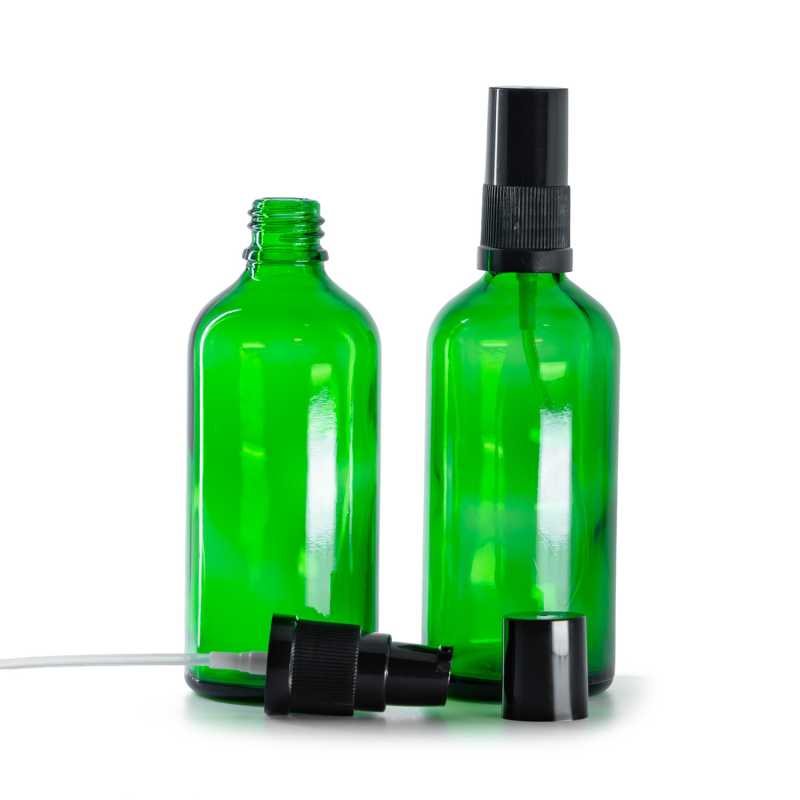 Flacone, vetro, verde, pompa lozione con sovratappo nero, 100 ml