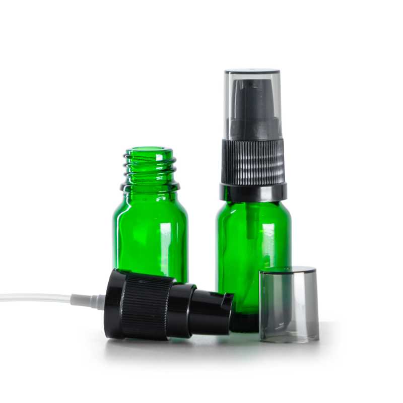 Flacone di vetro verde, dosatore di crema nero con sopra-tappo fumé, 10 ml