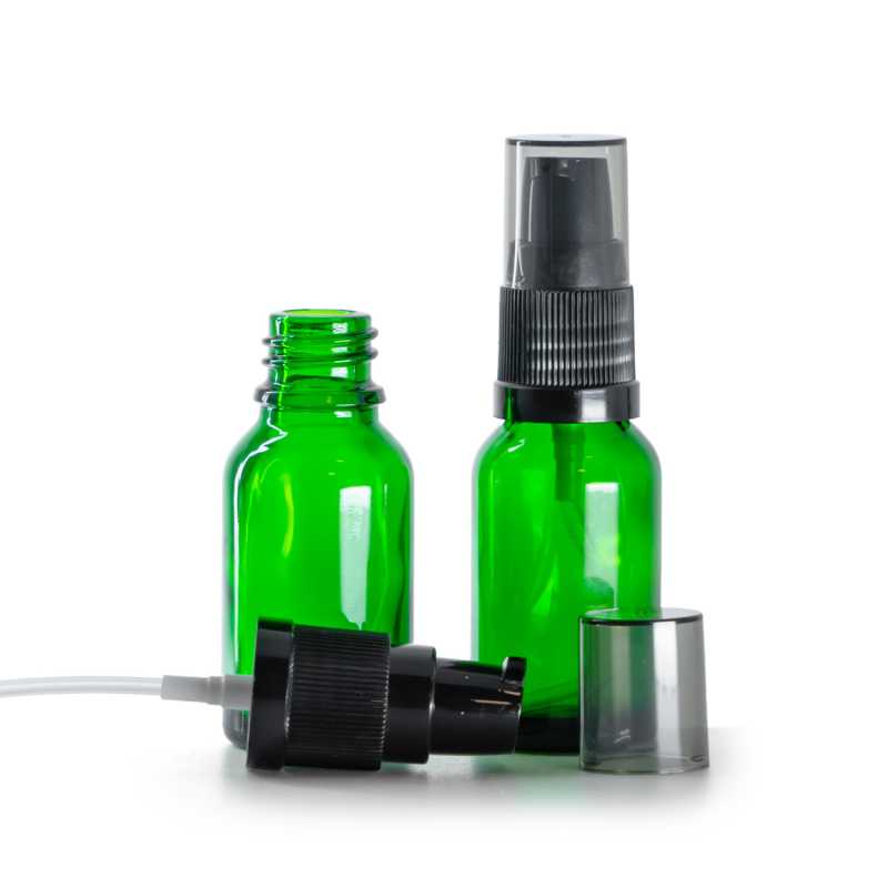 Flacone di vetro verde, dosatore di crema con sopra-tappo fumé, 15 ml