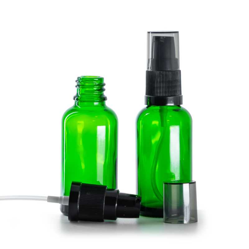 Flacone di vetro verde, pompa lozione con sopra-tappo fumé, 30 ml