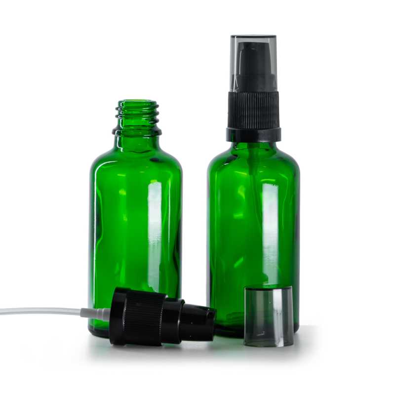 Flacone di vetro verde, dosatore di crema con sopra-tappo fumé, 50 ml