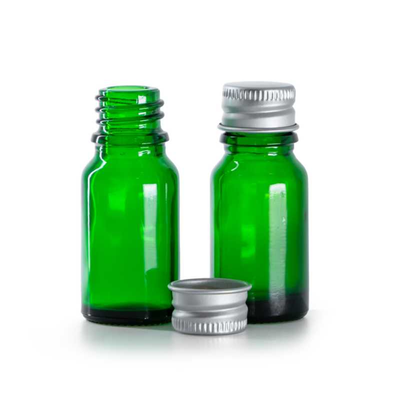 Flacone di vetro verde, tappo in alluminio, 10 ml
