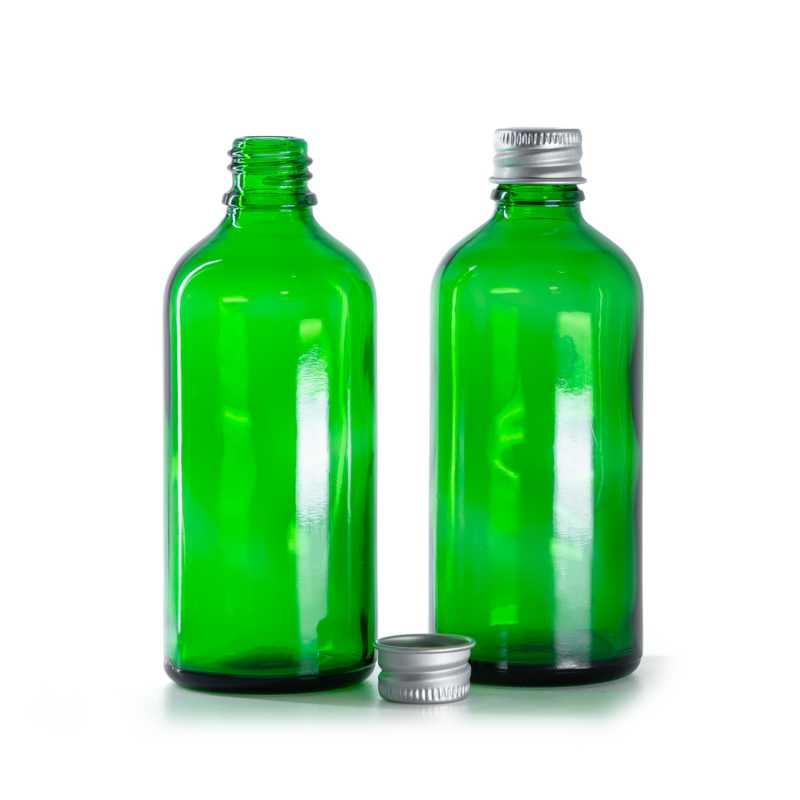 Flacone di vetro verde, tappo in alluminio, 100 ml