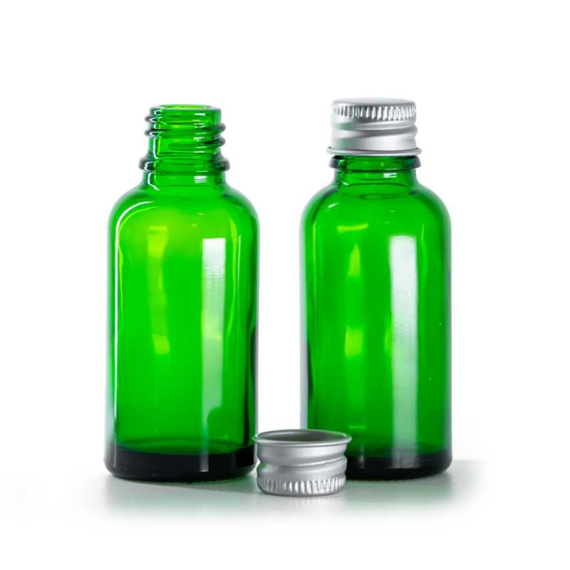 Flacone di vetro verde, tappo in alluminio, 30 ml