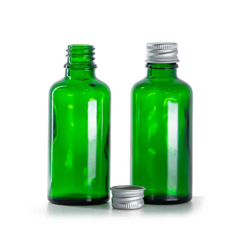 Flacone in vetro verde, tappo in alluminio argentato, 50 ml