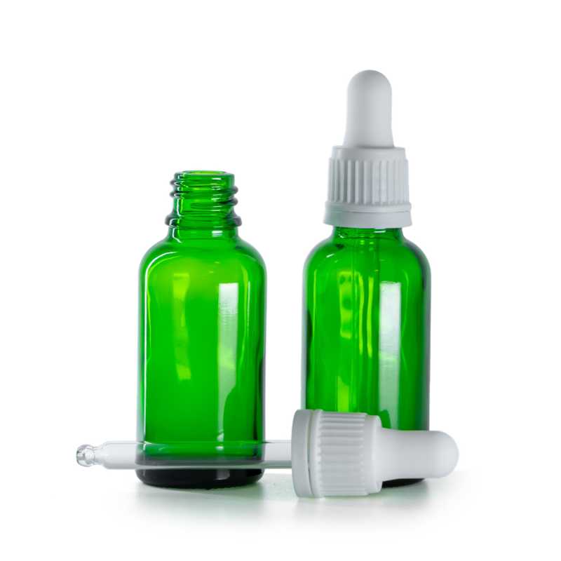 Bottiglia in vetro, verde, contagocce bianco, 30 ml