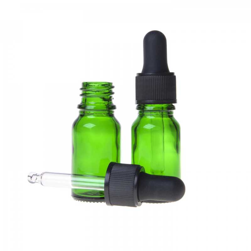 Flacone in vetro, verde, contagocce nero opaco, 10 ml