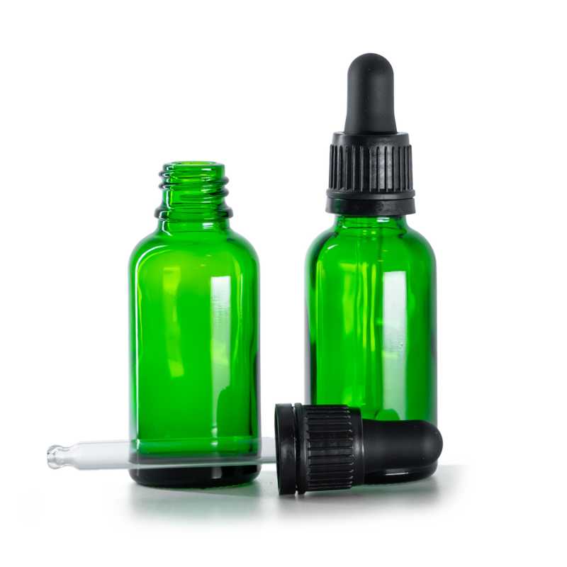 Flacone in vetro, verde, contagocce nero antimanomissione, 30 ml