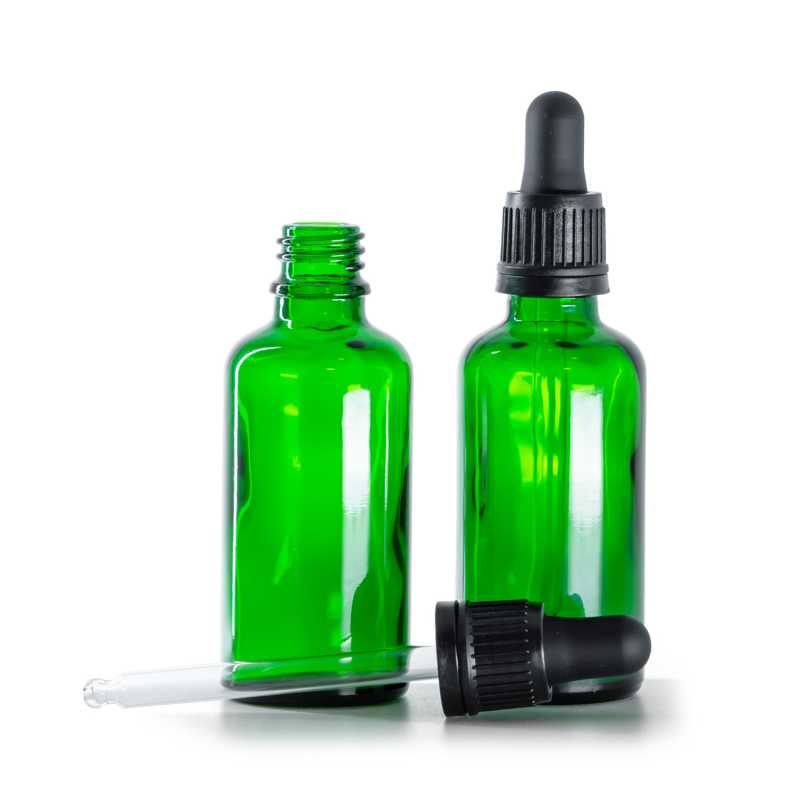 Flacone in vetro, verde, contagocce nero inviolabile, 50 ml