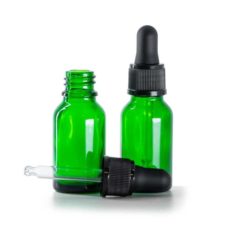 Bottiglia in vetro, verde, contagocce nero opaco, 15 ml