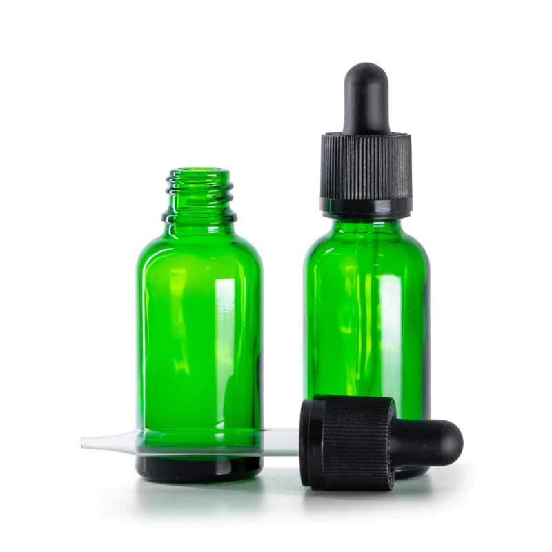 Flacone in vetro, verde, contagocce con tappo di sicurezza antimanomissione, 30 ml
