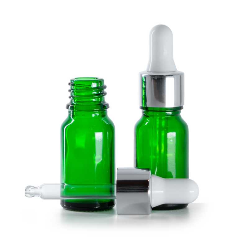 Flaconcino in vetro, verde, contagocce argento bianco lucido, 10 ml