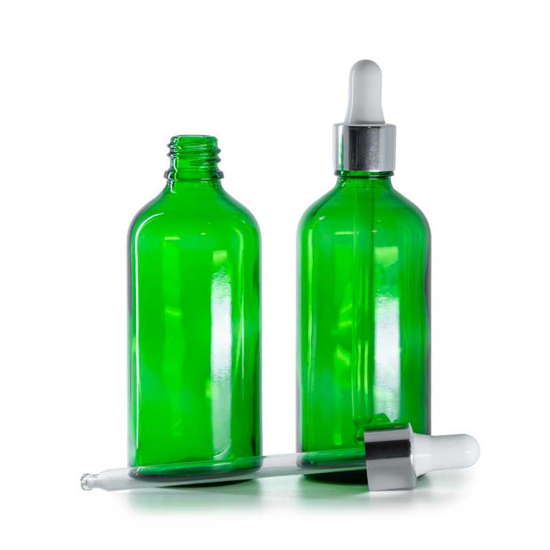Bottiglia in vetro, verde, contagocce argento, 100 ml