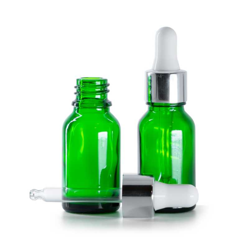 Bottiglia in vetro, verde, contagocce argento lucido, 15 ml