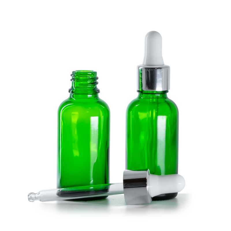 Flacone in vetro, verde, contagocce argento, 30 ml