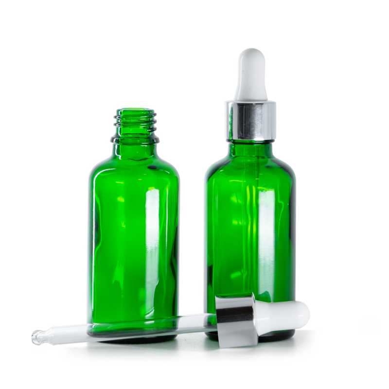 Flacone in vetro, verde, contagocce bianco argento lucido, 50 ml