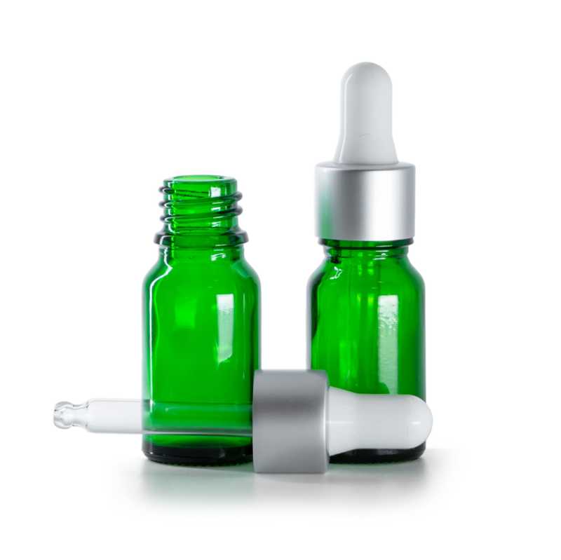 Bottiglia in vetro, verde, contagocce bianco argento opaco, 10 ml
