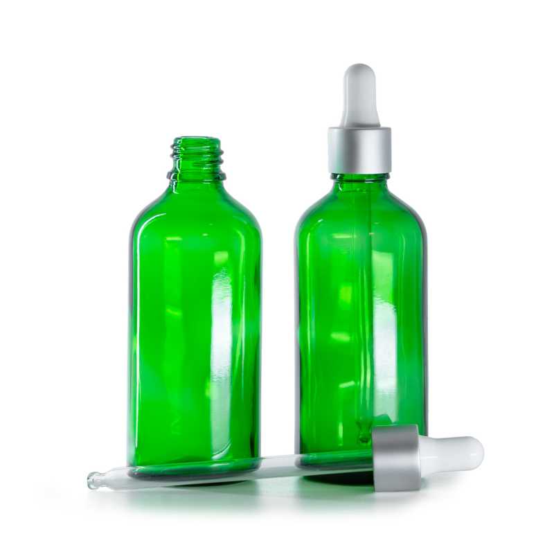 Bottiglia in vetro, verde, contagocce argento opaco, 100 ml