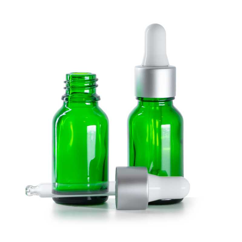 Flacone in vetro, verde, contagocce bianco argento opaco, 15 ml