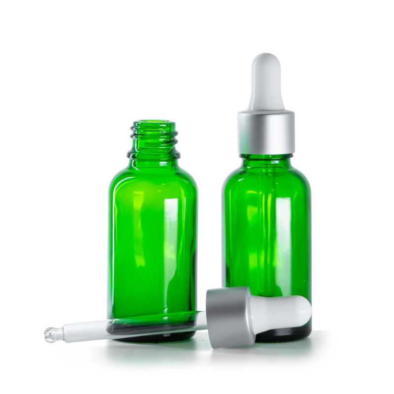 Flacone in vetro, verde, contagocce argento opaco, 30 ml