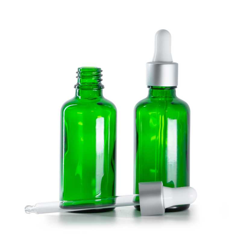 Bottiglia in vetro, verde, contagocce argento opaco bianco, 50 ml