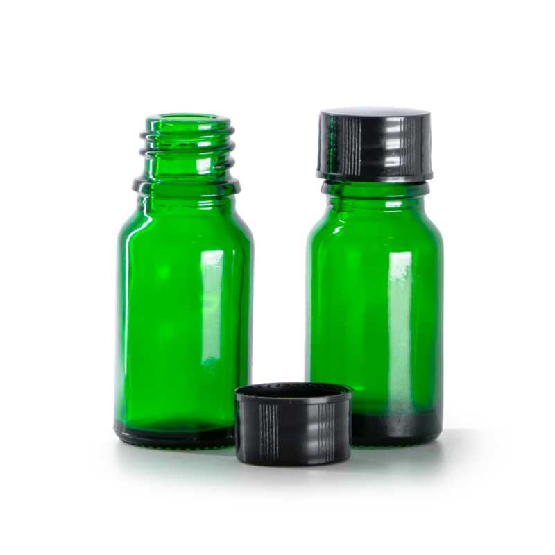 Bottiglia in vetro, verde, tappo nero, 10 ml