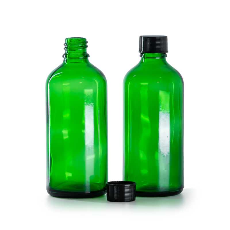 Flacone in vetro, verde, tappo nero, 100 ml