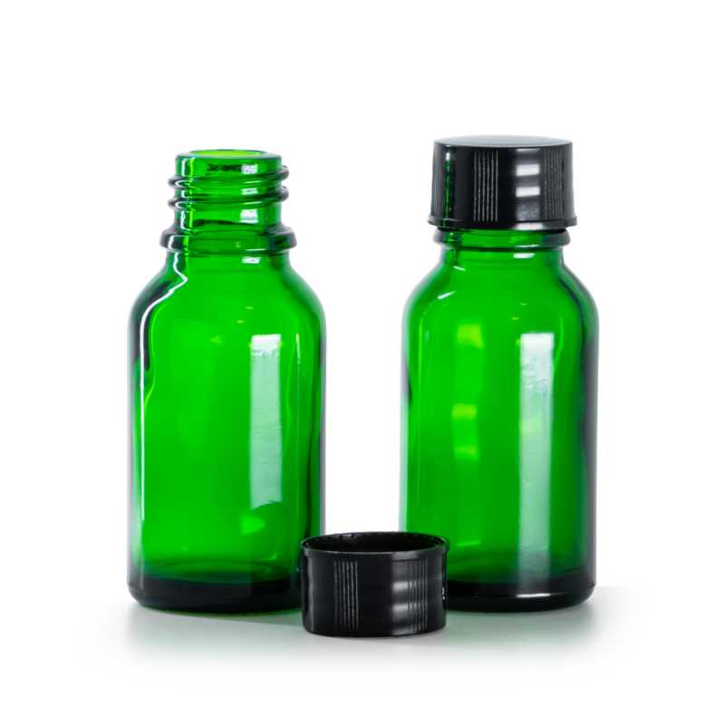 Flacone in vetro, verde, tappo nero, 15 ml