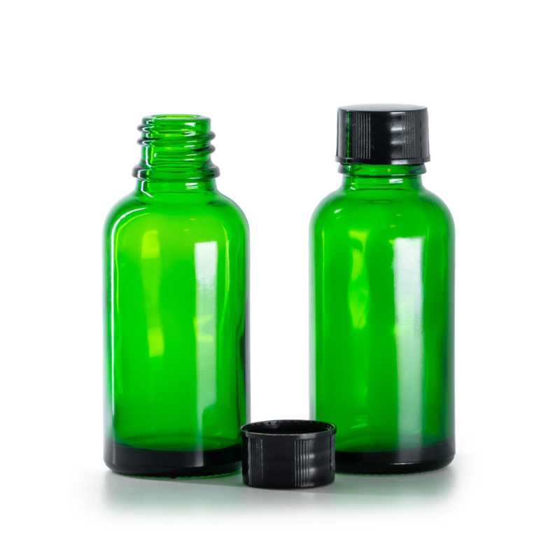 Bottiglia in vetro, verde, tappo nero, 30 ml