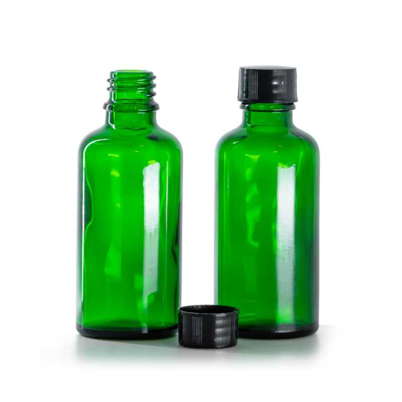 Bottiglia in vetro, verde, tappo nero, 50 ml