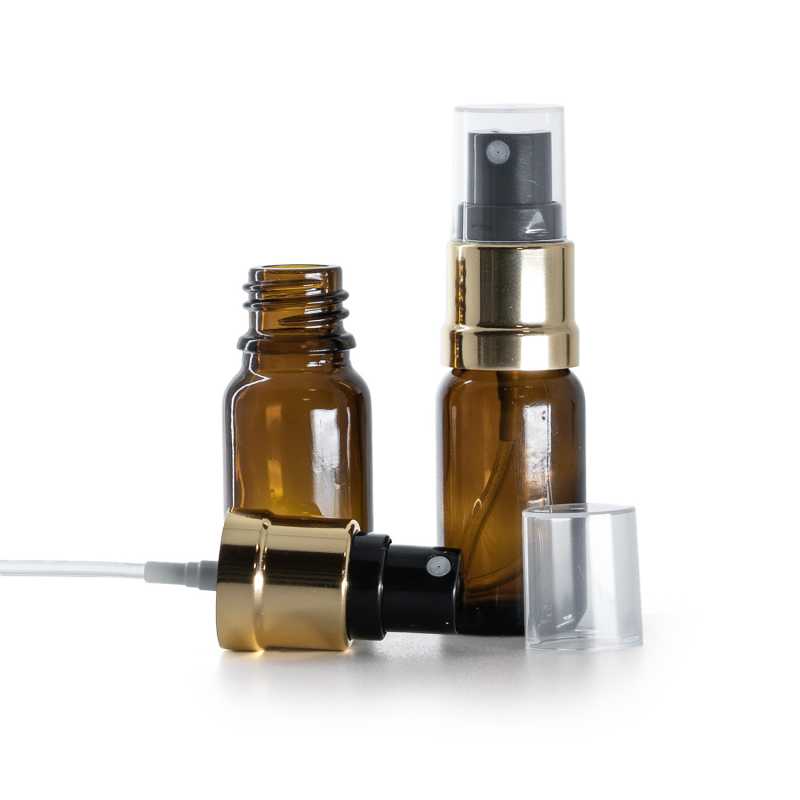 Flacone in vetro ambra, spruzzatore nero e oro, 10 ml