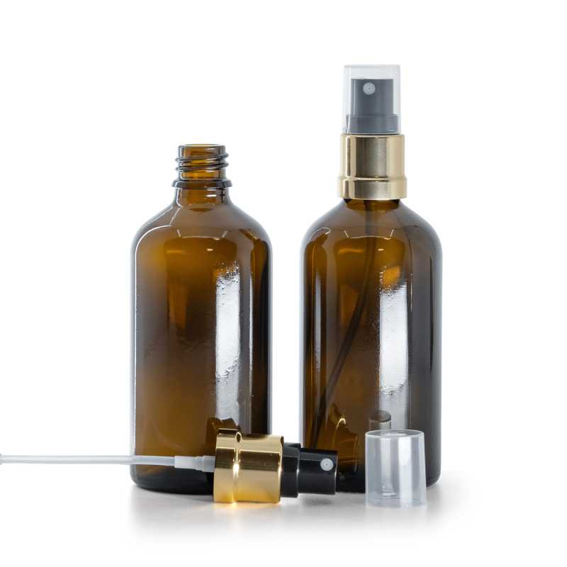 Flacone in vetro ambra, spruzzatore nero oro, 100 ml