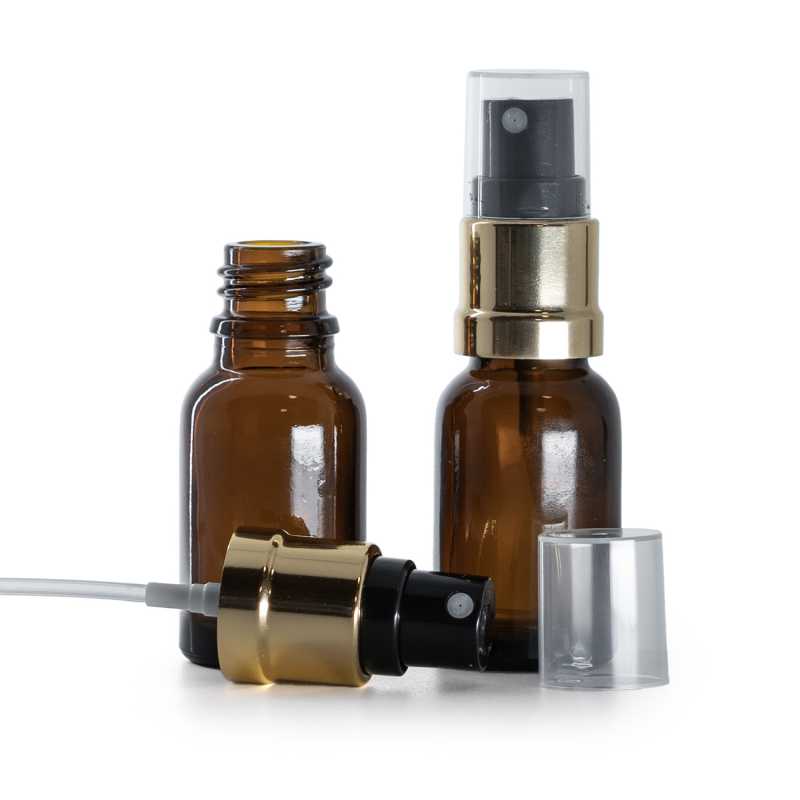 Flacone in vetro ambrato, spruzzatore nero oro, 15 ml