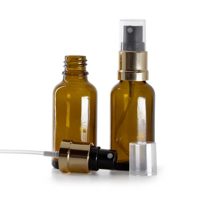 Flacone in vetro ambrato, spruzzatore nero oro, 30 ml