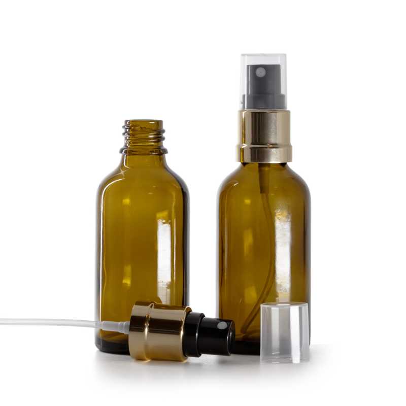 Flacone in vetro ambrato, spruzzatore nero oro, 50 ml