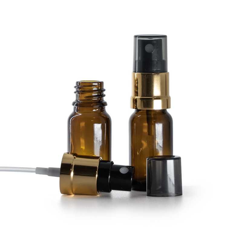 Flaconcino di vetro ambra, spruzzatore nero e oro, sopra-tappo fumé, 10 ml