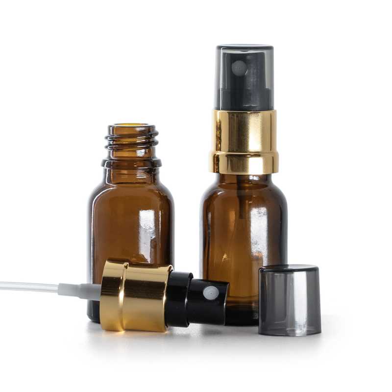 Flacone di vetro ambra, spruzzatore nero e oro, sopra-tappo fumé, 15 ml