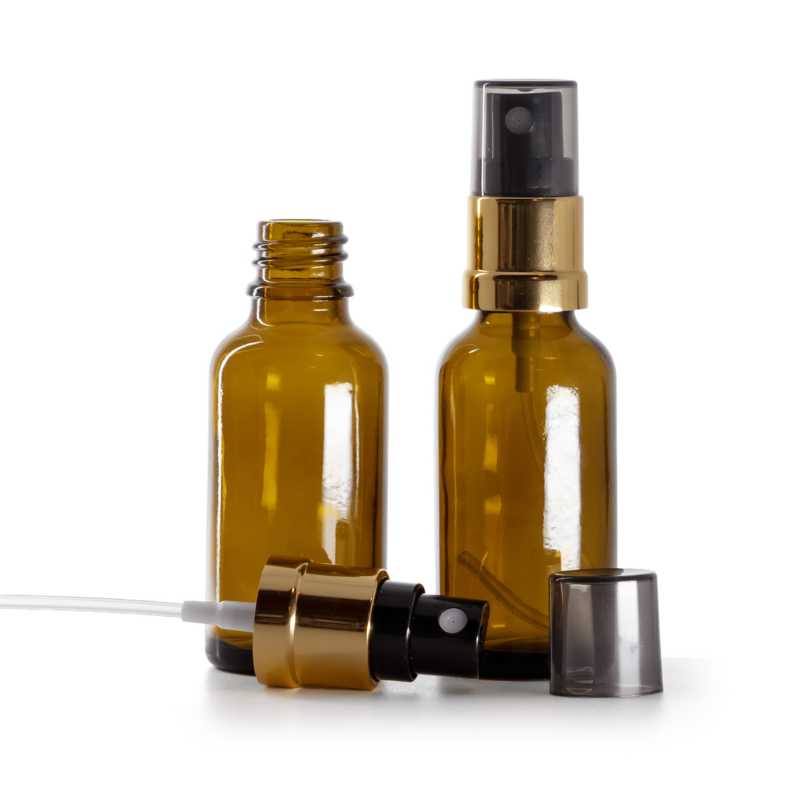 Flaconcino di vetro ambra, spruzzatore nero e oro, sopra-tappo fumé, 30 ml